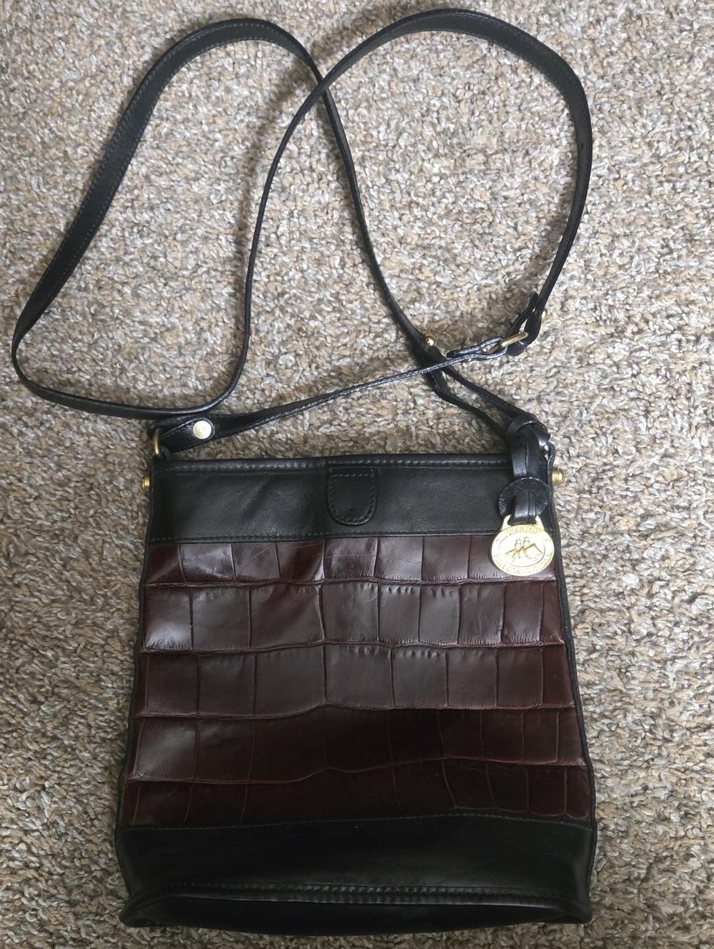 Brahmin Leather Crossbody Bag in Dark Croc Brown and Black, Very Good Cond